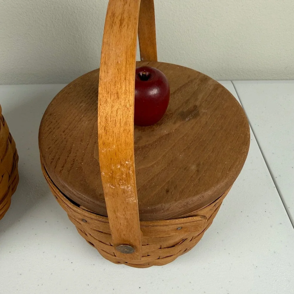 Vintage 1992 Longaberger Apple Fruit Basket Set of 2 Wooden Lids Plastic Liners